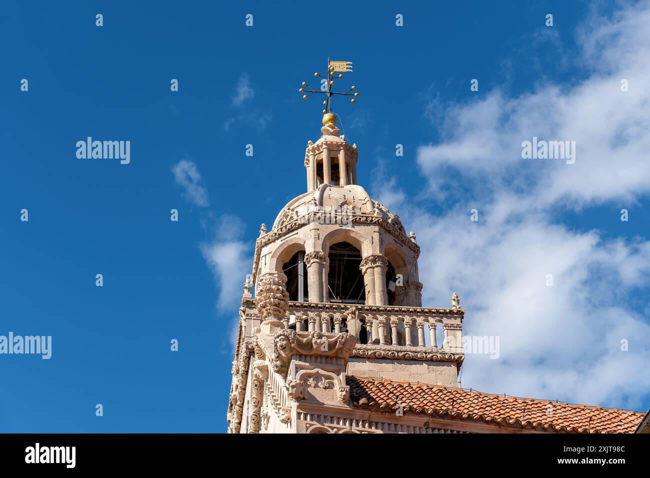 Bell tower of St. Mark's Cathedral in Korcula - Dalmatia, Croatia Stock Photo