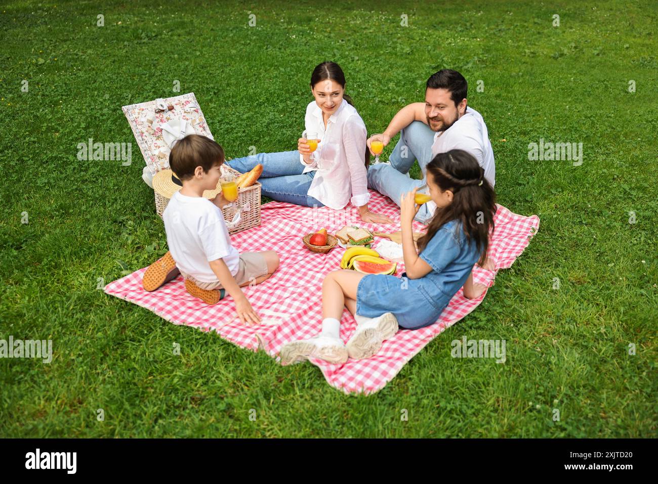 Family picnic. Happy parents and their children drinking juice on green grass outdoors Stock Photo