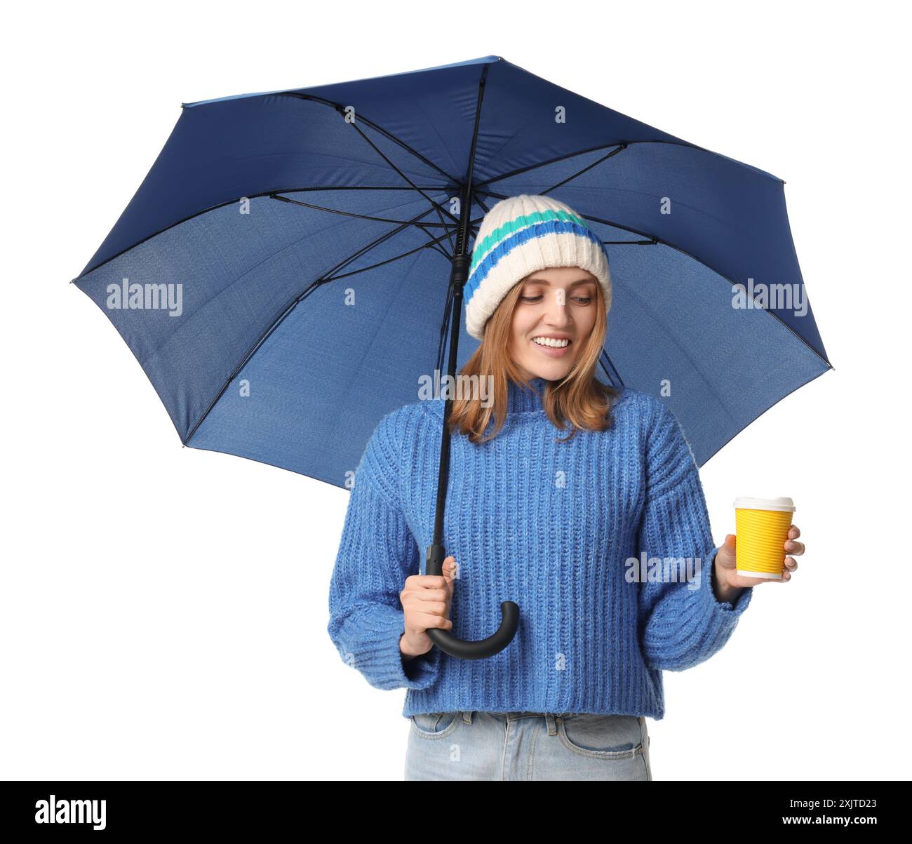 Woman with blue umbrella and paper cup on white background Stock Photo