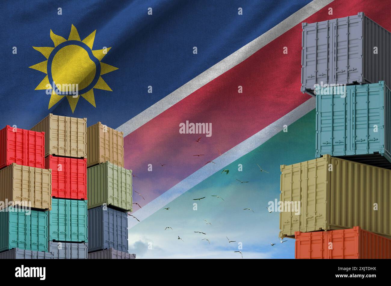 Namibia flag and big stack of shipping cargo containers in docks with ...