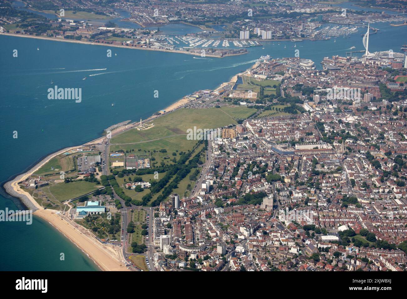 An aerial view of the Southsea coastline Portsmouth looking towards Spinnaker Tower and Fareham Stock Photo