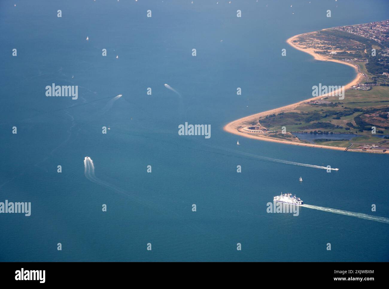 An aerial view of a Wight Link ferry leaving Southsea Portsmouth into the Solent bound for the Isle of Wight Stock Photo
