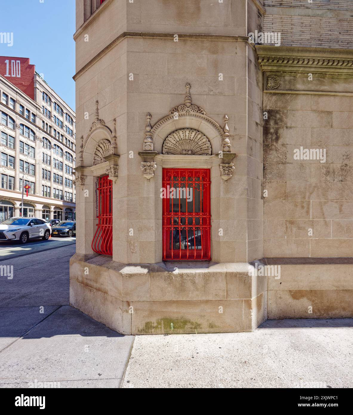 NYC Chinatown: Façade detail, 87 Lafayette Street, a former firehouse. This NYC landmark now houses documentary film producer DCTV and its theater. Stock Photo