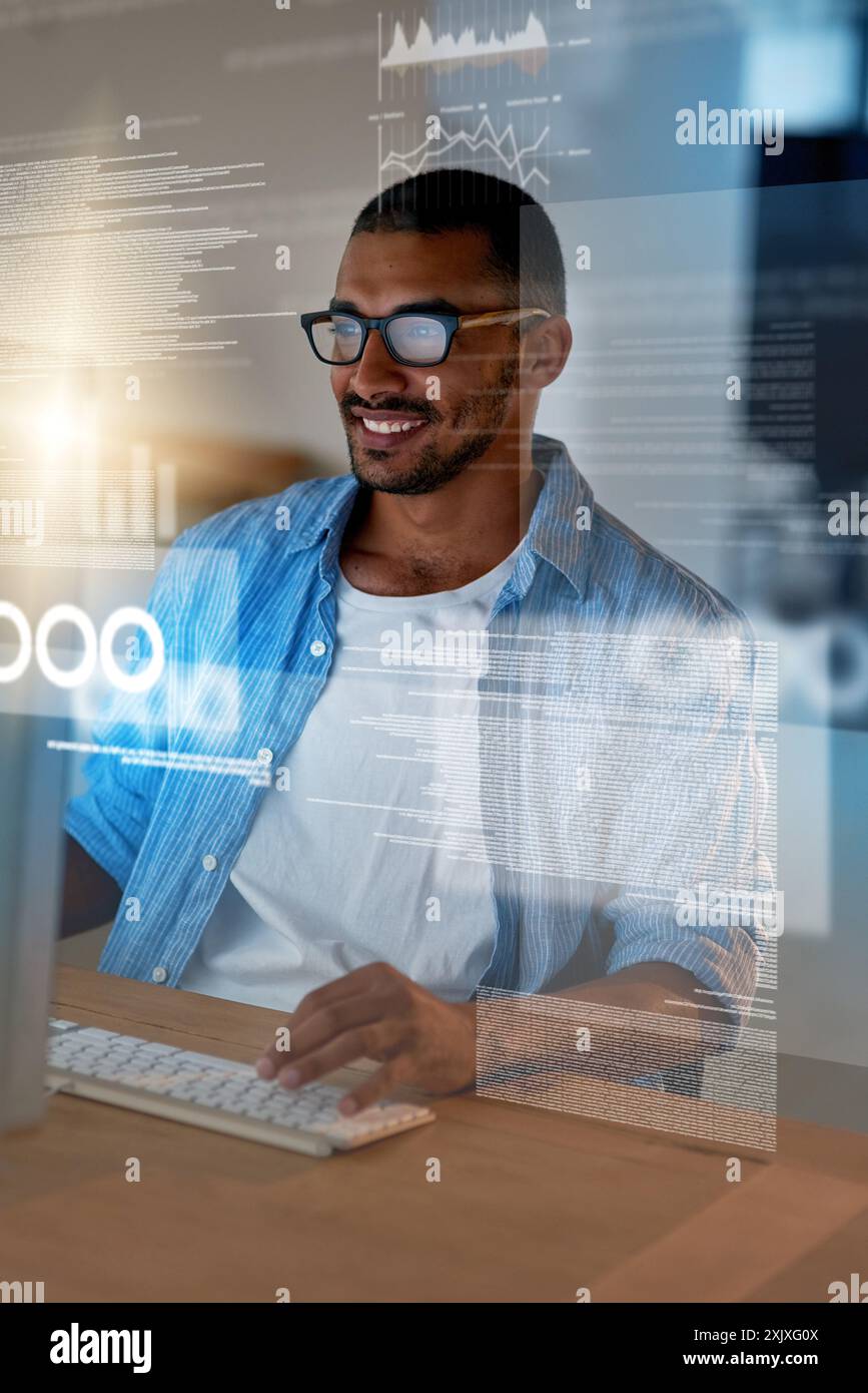 Cyber overlay, screen and man on computer for coding, website development and programming. Cloud research, smile or IT technician typing code for Stock Photo
