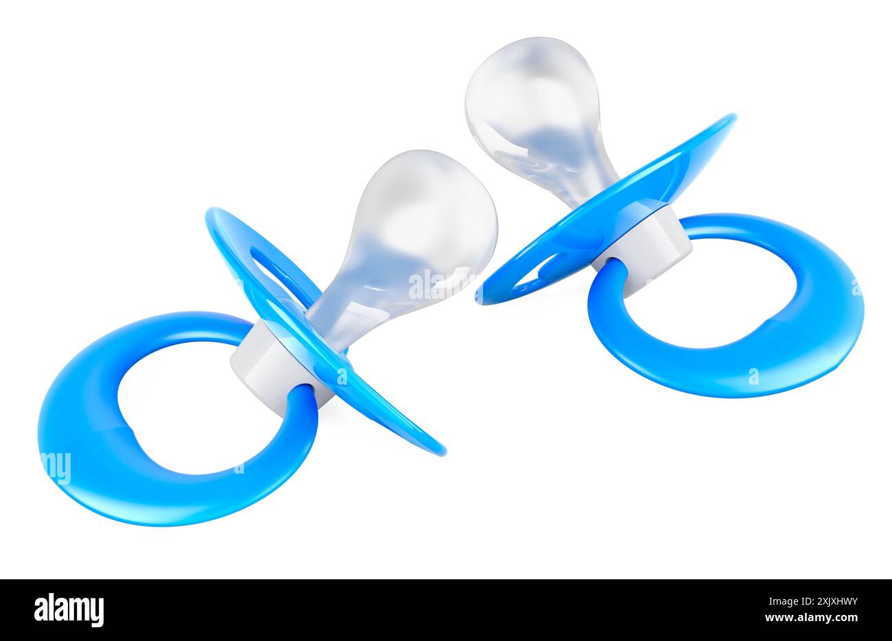 Two Blue Pacifiers, twins boys, concept. 3D rendering isolated on white background Stock Photo