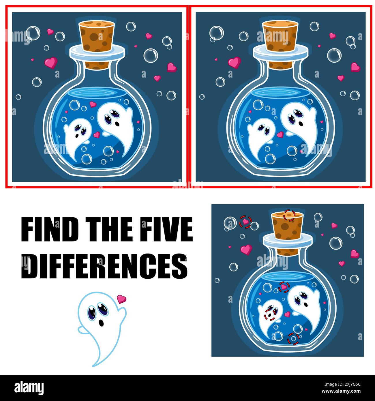 Find differences, education game for children. Cute ghosts in a glass cone. Funny creepy character. Spook the phantom. Stock Photo