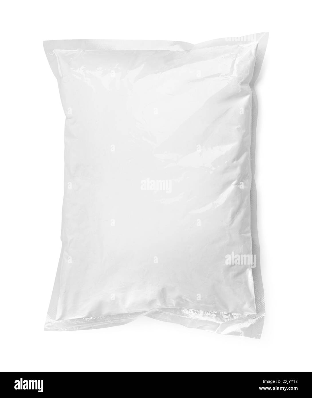 transparent plastic bag of flour, top view isolated on white background, blank package mockup template of ingredient for cooking or baking Stock Photo