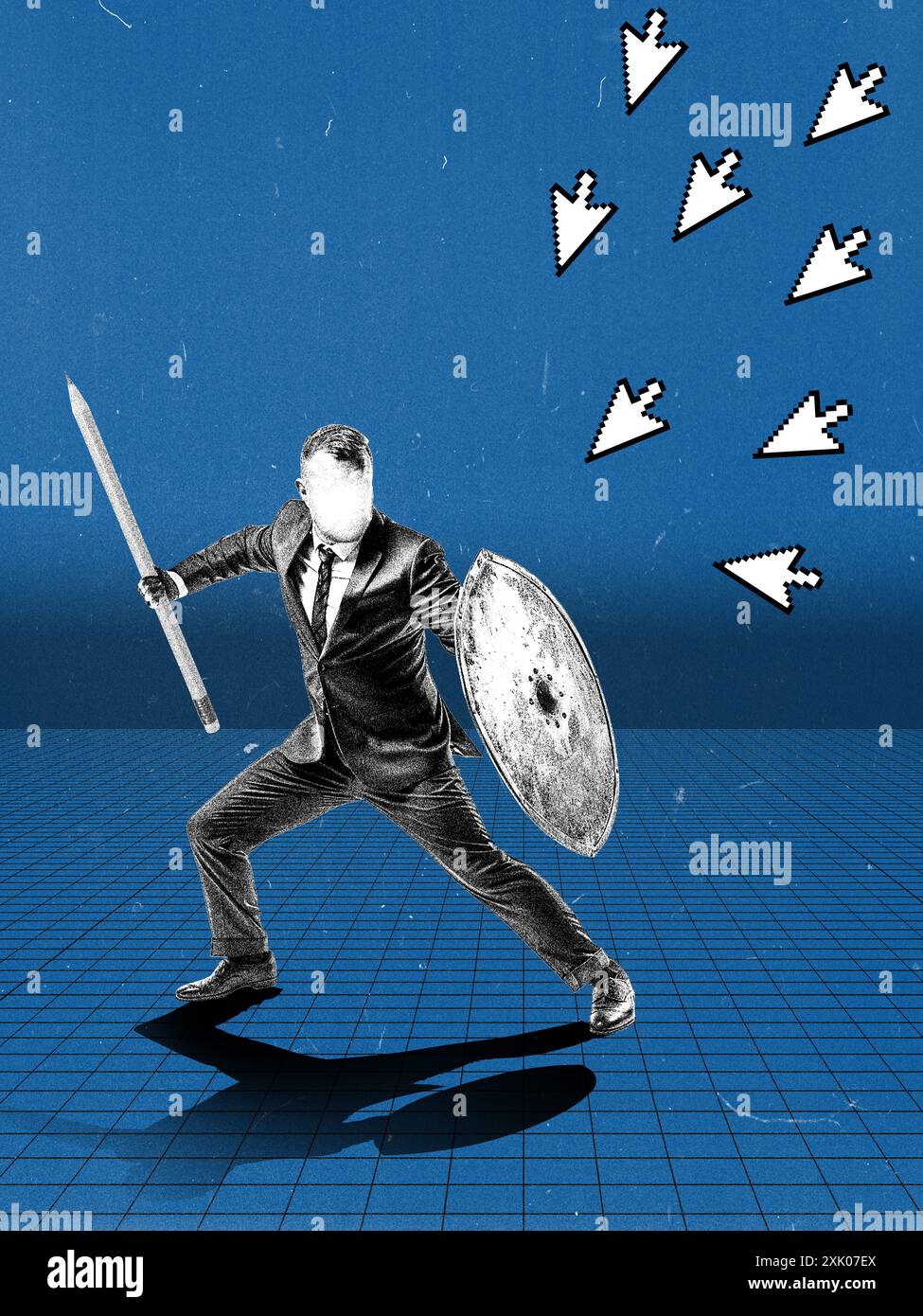 An office warrior man with a shield and a large pencil in his hands is ...