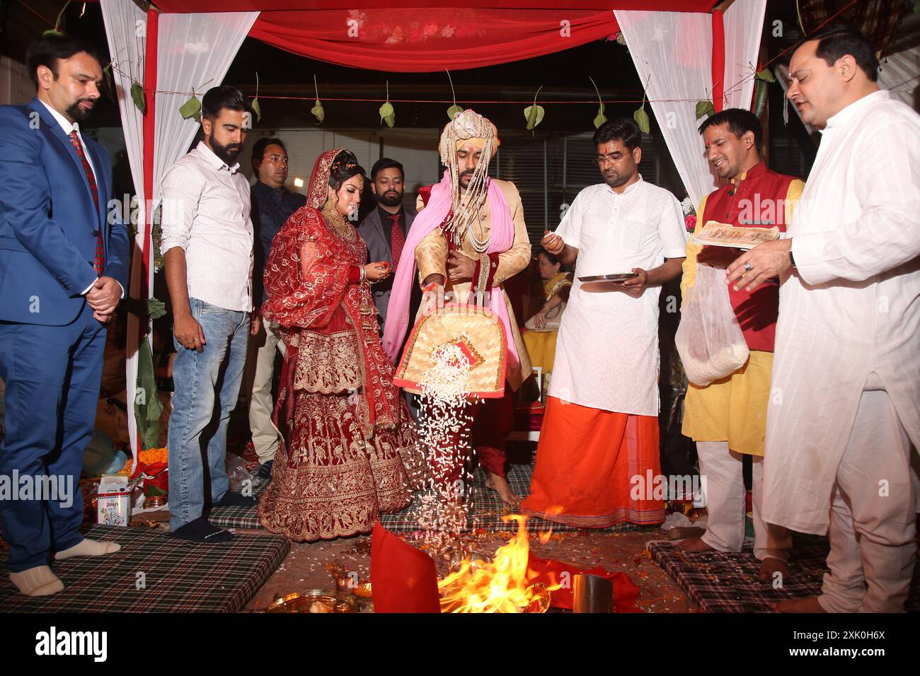 Chandigarh,India-20th July2024 An Indian hindu traditional  marriage bride bridegroom rituals ceremony and celebration. Stock Photo