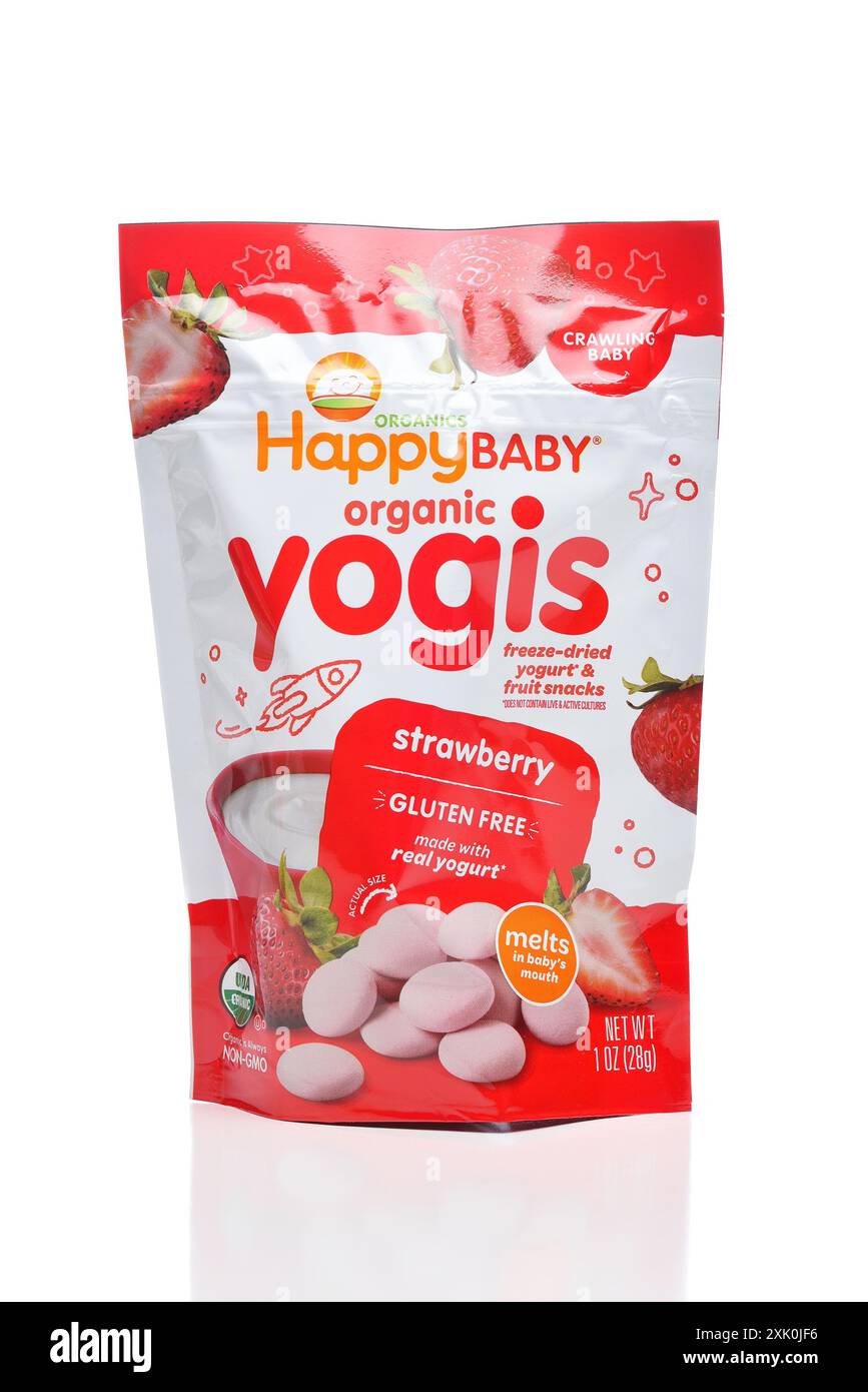 IRVINE, CALIFORNIA - 19 JULY 2024: A package of Happy Baby Organic Yogis Strawberry. Stock Photo