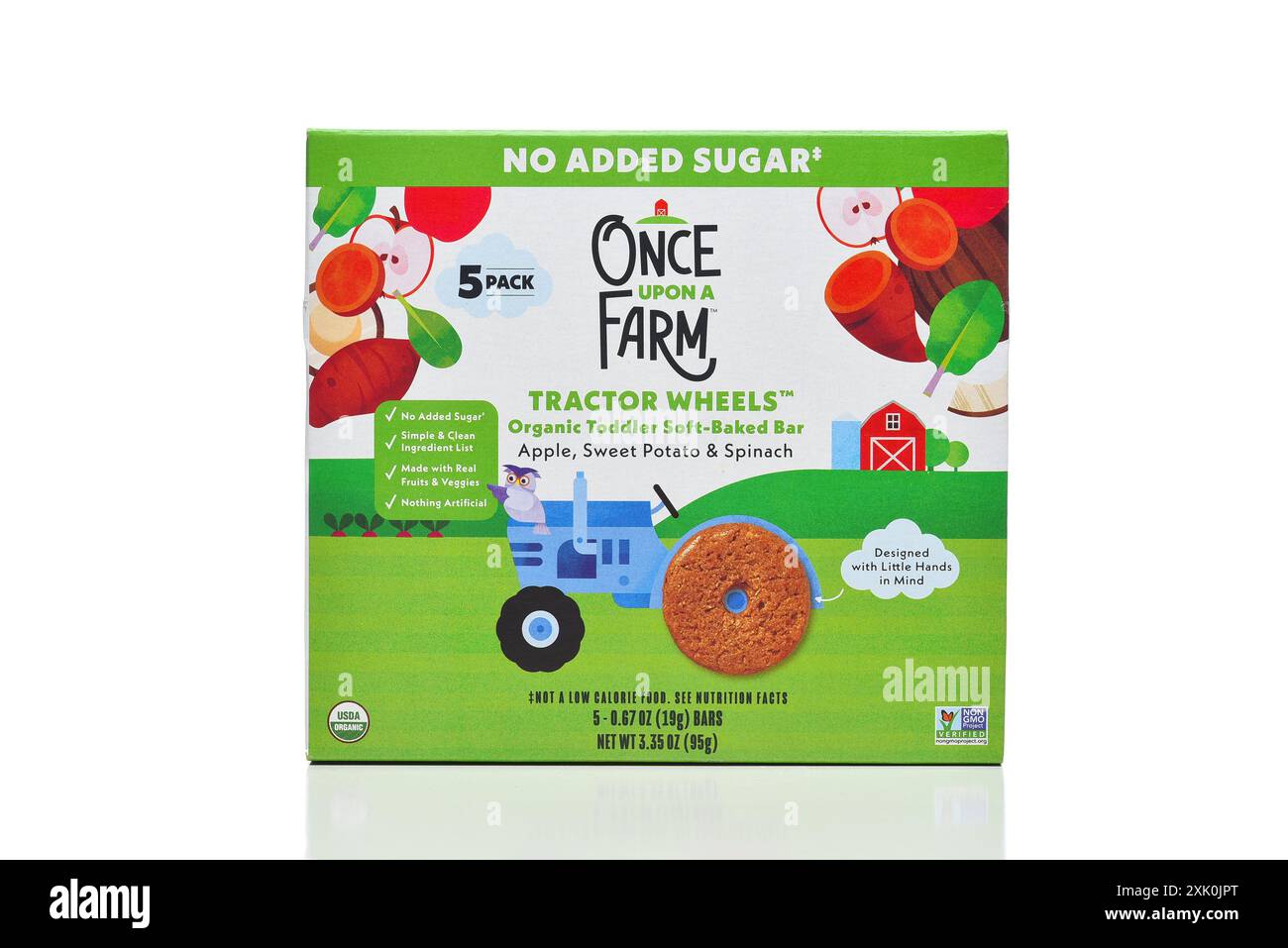 IRVINE, CALIFORNIA - 19 JULY 2024:  a box of Once Upon a Farm Tractor Wheels Toddler Soft Baked Bars, apple, sweet potato and Spinach. Stock Photo