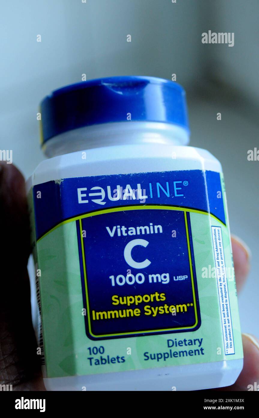 Kastrup/Copenhagen/ Denmark/19 July 2024/. Equaline vitamin C 1000 mg supports immune sytem bottle in Katrup Photo.Francis Joseph Dean/Dean Pictures Not for commercail use Stock Photo