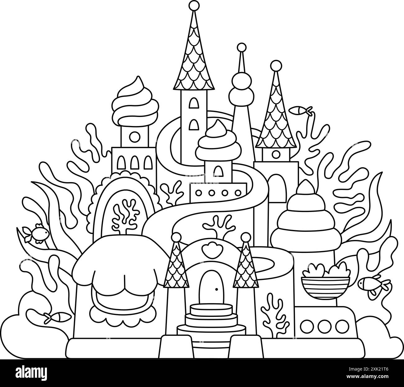 Vector black and white mermaid castle with seaweeds, shells, fish. Fantasy underwater princess palace icon with towers, flags, domes. Fairytale ocean Stock Vector