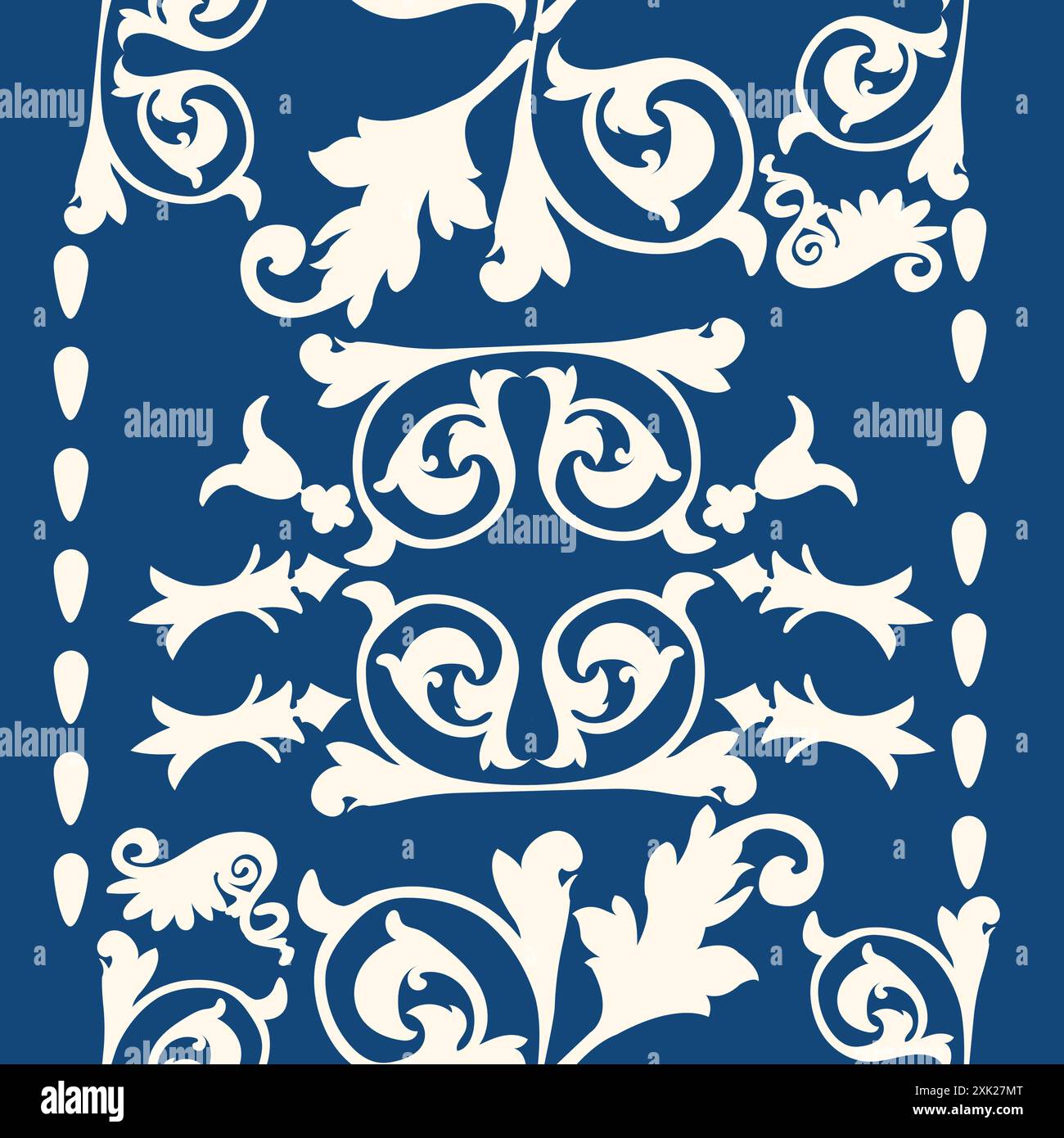 Seamless pattern with white leaf ornaments on dark blue background Stock Vector