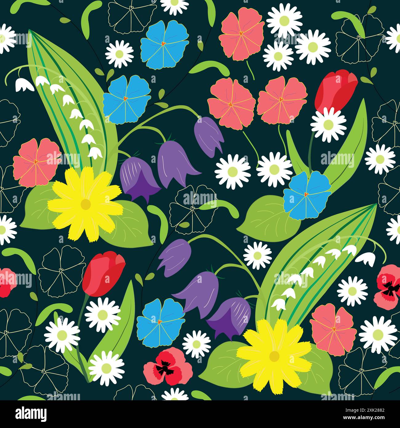 Seamless floral pattern with beautiful different flowers; Bright flowers in dark blue background; Stock vector for prints Stock Vector