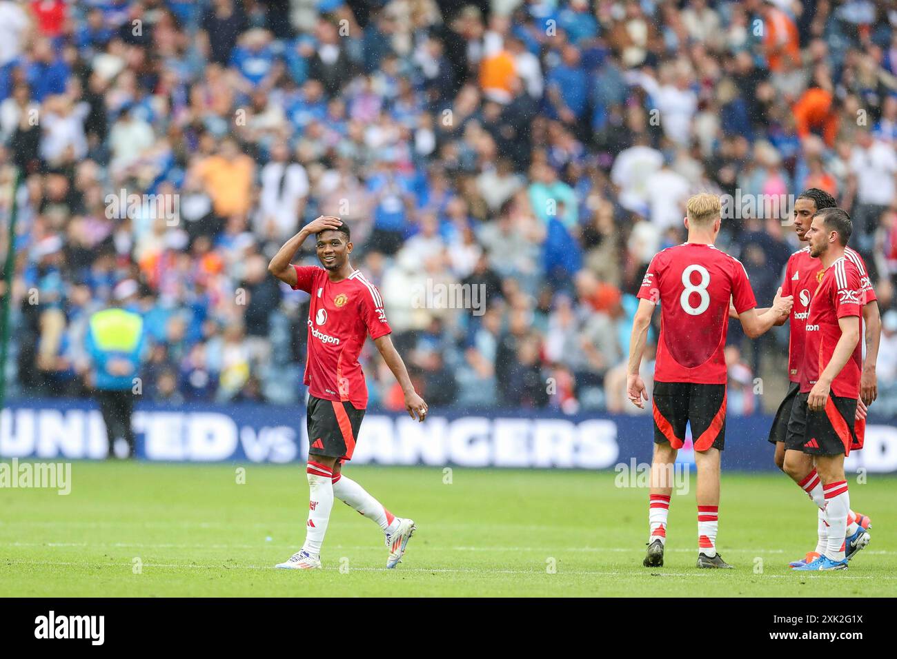 Edinburgh, UK. 20th July, 2024. Manchester United midfielder Amad Diallo (16) scores a GOAL 0-1 and celebrates Manchester United midfielder Mason Mount (7) Manchester United New signing Leny Yoro (15) during the Glasgow Rangers FC v Manchester United FC Pre-season friendly match at Scottish Gas Murrayfield Stadium, Edinburgh, Scotland, United Kingdom on 20 July 2024 Credit: Every Second Media/Alamy Live News Stock Photo