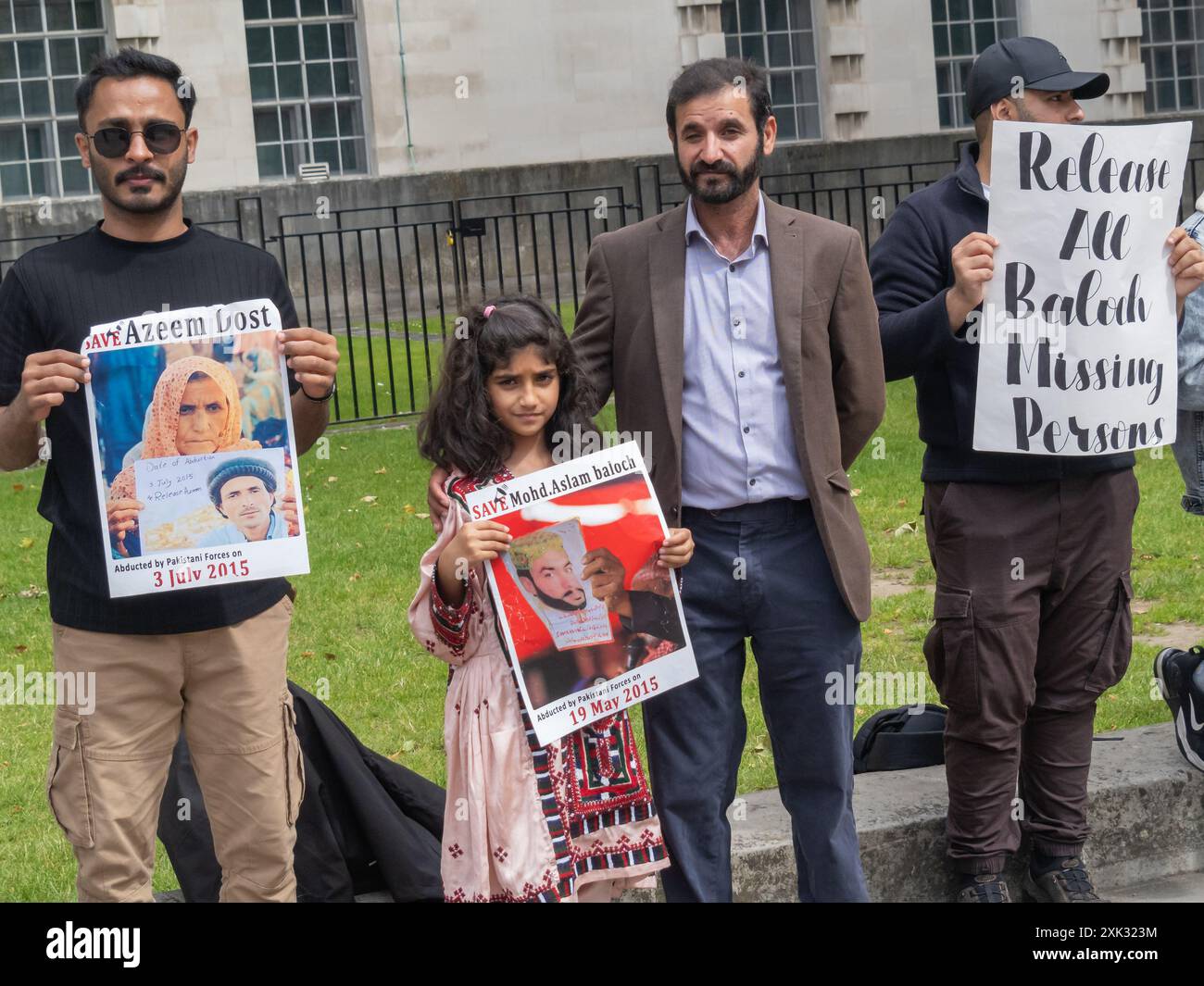 London, UK. 20 July 2024. A protest at Downing Street on the 4th anniversary of the enforced disappearance of Mir Taj Muhammad Sarparah demanded the release of the thousands of Balochs kidnapped and disappeared by the Pakistani military in a policy of extra-judicial killings, atrocities and systematic repression. Balochs in both Pakistan and Iran wanted greater freedom but few of the missing are part of the armed resistance. Protests in Pakistan have been met with brutal force.  Peter Marshall/Alamy Live News Stock Photo