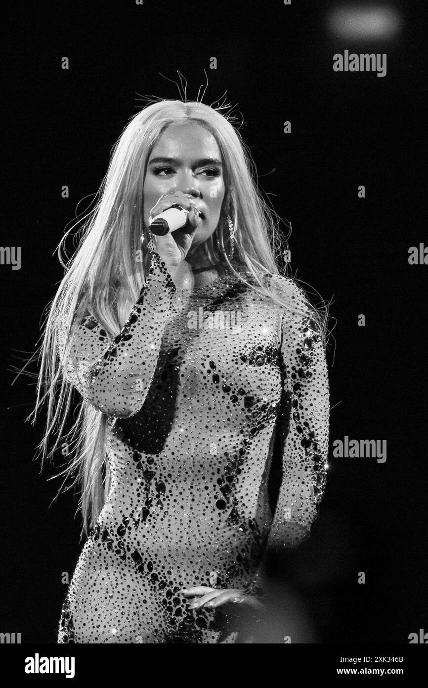 The singer Karol G during a performance at the Santiago Bernabeu, on July 20, 2024, in Madrid, Spain Stock Photo