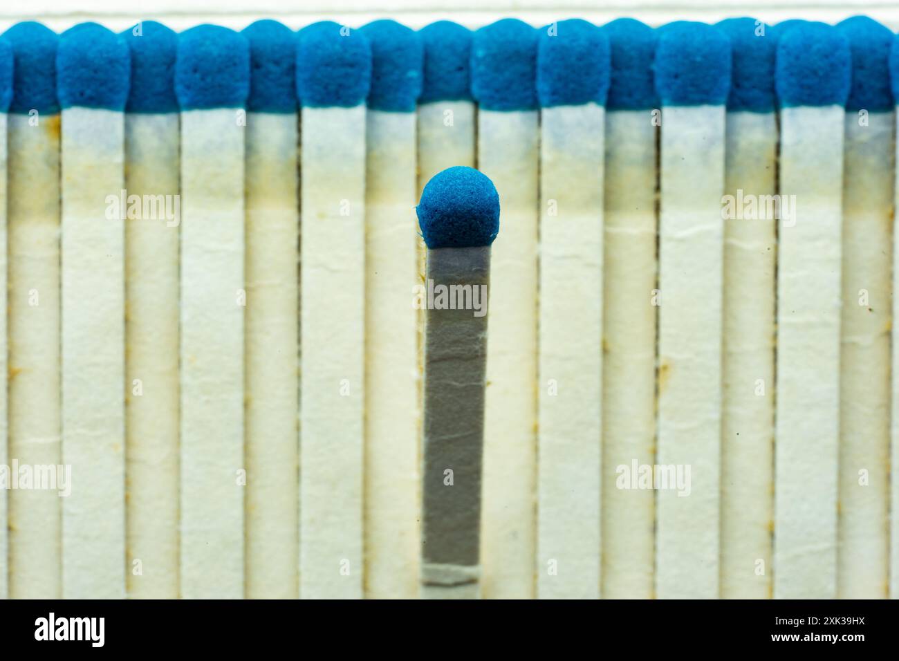 A blue match head focused on a blurred background of blue cardboard matches. Stock Photo