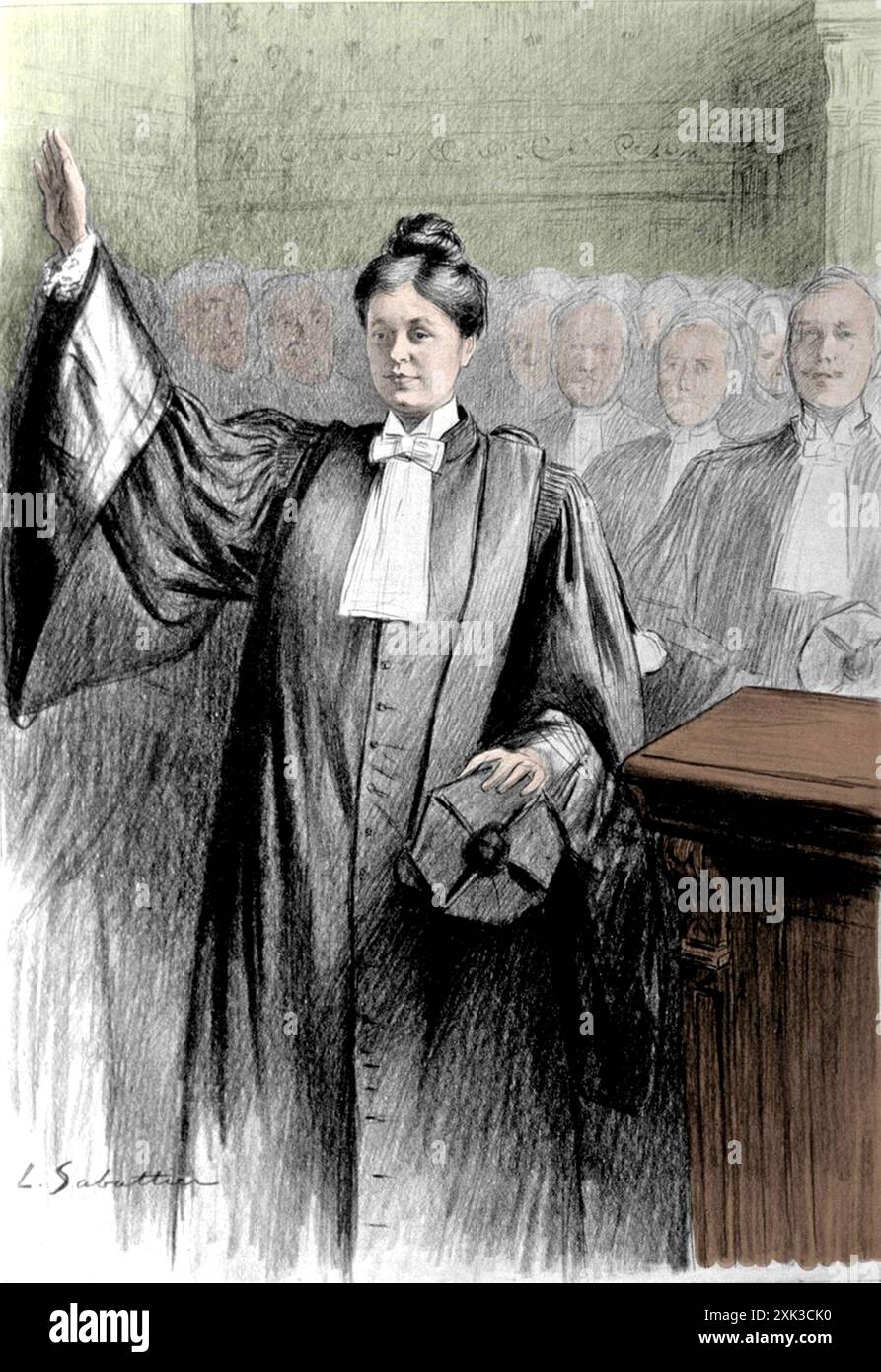 1900 , 7 december , FRANCIA : The french woman  Doctor Lawyer JEANNE CHAUVIN  ( 1862 - 1926 ) . Was the second woman to obtain a degree in law in France, in 1890. Her application to be sworn in as a lawyer was at first rejected, but after the law was changed in 1900 she was the second French woman to be authorized to plead at the bar ( after Olga Petit ). In this illustration,  from a french illustrated magazine , the moment of  oath in the entrance of the Association of Practicing Lawyers of France . Illustration by painter Louis Remy Sabattier . - AVVOCATESSA - DONNA AVVOCATO - LEGALE - DOTT Stock Photo