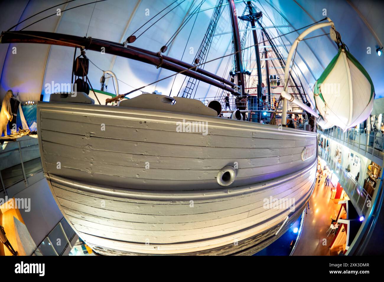 OSLO, Norway — The Fram Museum, set against the backdrop of the bustling Oslo harbour, is home to the legendary polar ship Fram. The museum is renowned for its impressive presentation of the history of Norwegian polar exploration. Stock Photo