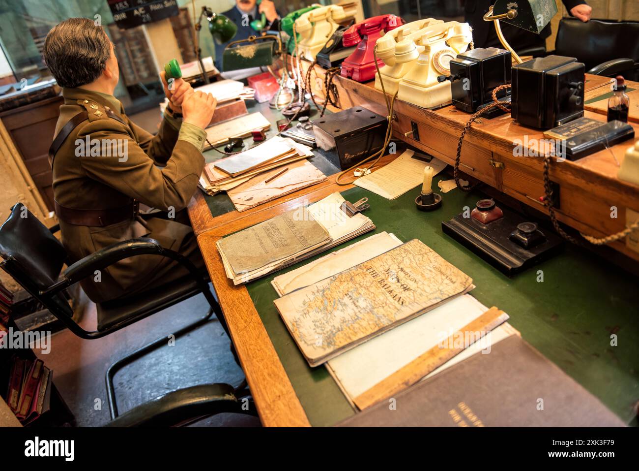 LONDON, United Kingdom — Inside the historic Churchill War Rooms, the underground complex that served as the British government command center during World War II, showcasing the Cabinet War Room and the Map Room preserved in their original condition. Stock Photo