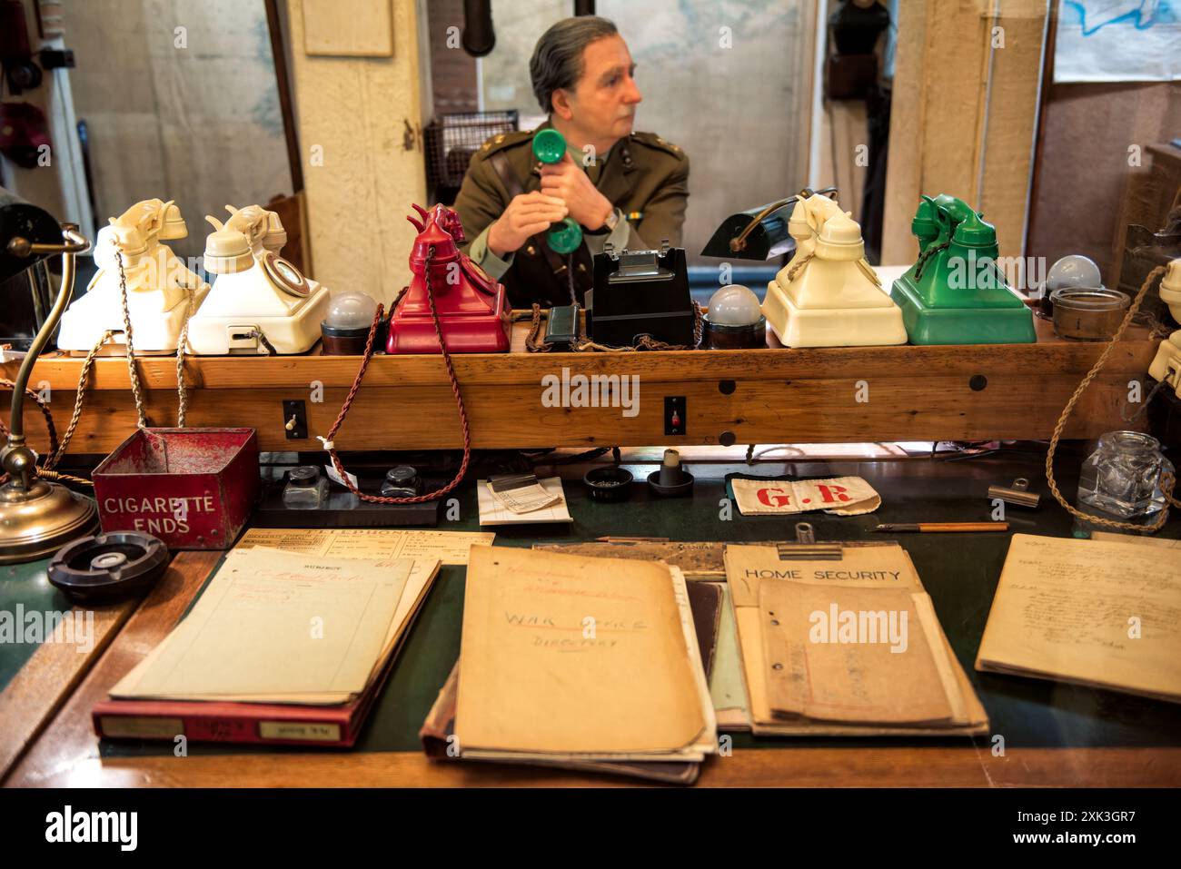 LONDON, United Kingdom — Inside the historic Churchill War Rooms, the underground complex that served as the British government command center during World War II, showcasing the Cabinet War Room and the Map Room preserved in their original condition. Stock Photo