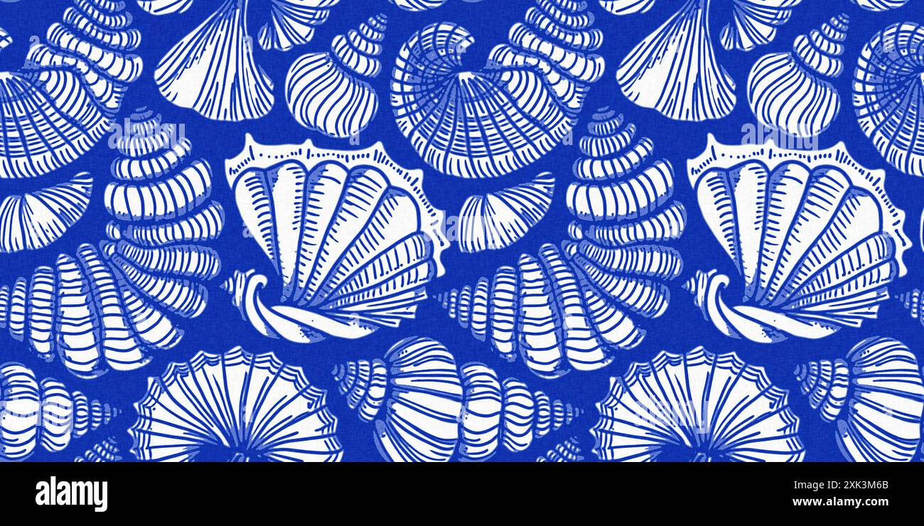 Azure blue white shell motif with linen seamless batik border ...