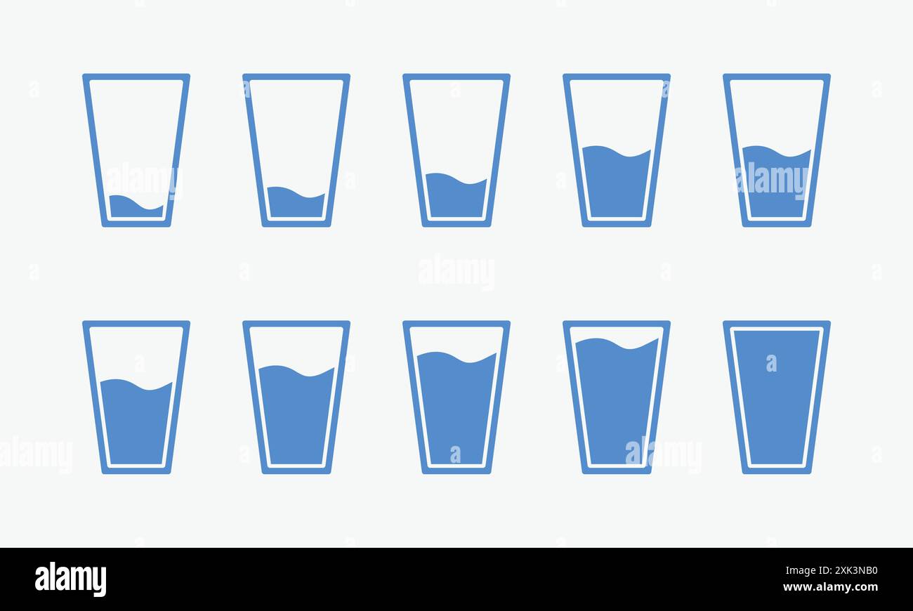 Water glass icon set in blue color. Glass water level. Glass of water flat icon set. Blue color, outline and fill. Vector illustration. Glasses of water. Stock Vector