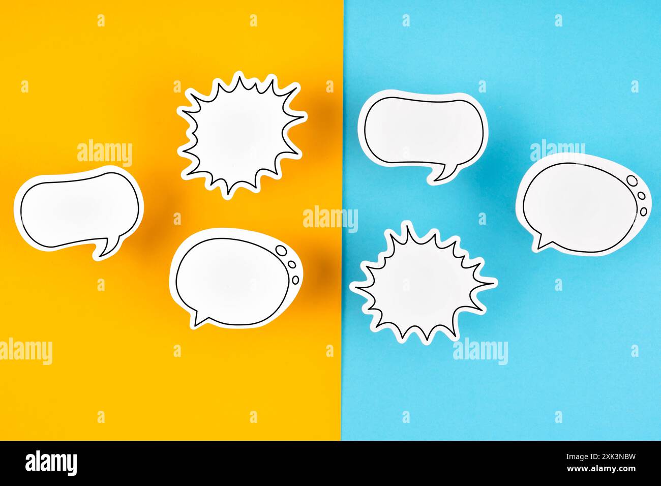 Empty white chat bubbles over yellow and blue background Stock Photo ...