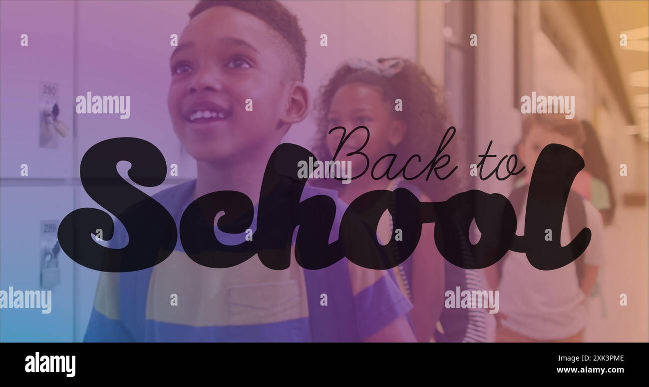 Image of back to school over happy african american boy standing on ...