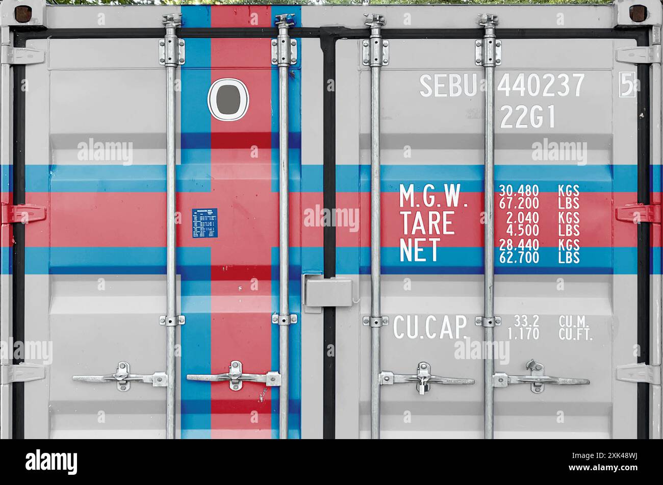 Faroe islands flag depicted on metal doors of shipping cargo container ...