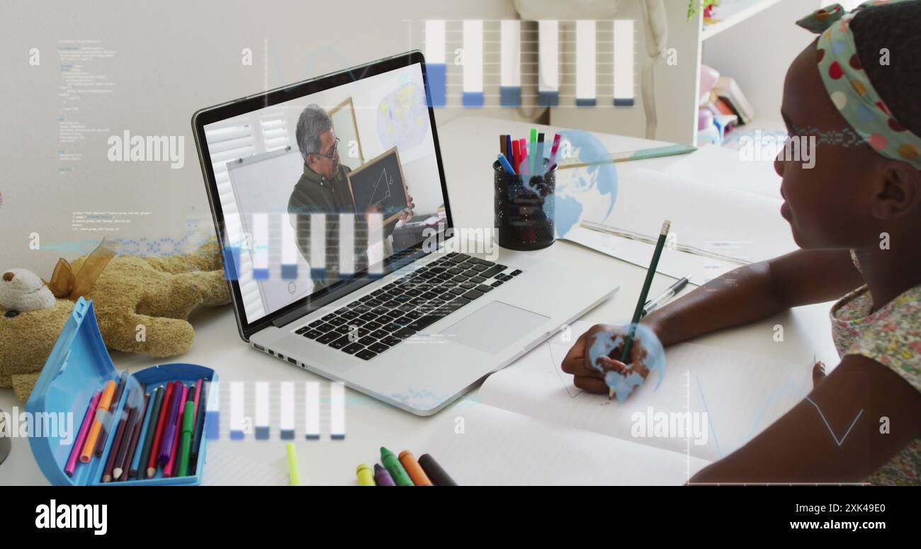 Image of digital interface over african american girl using laptop for ...