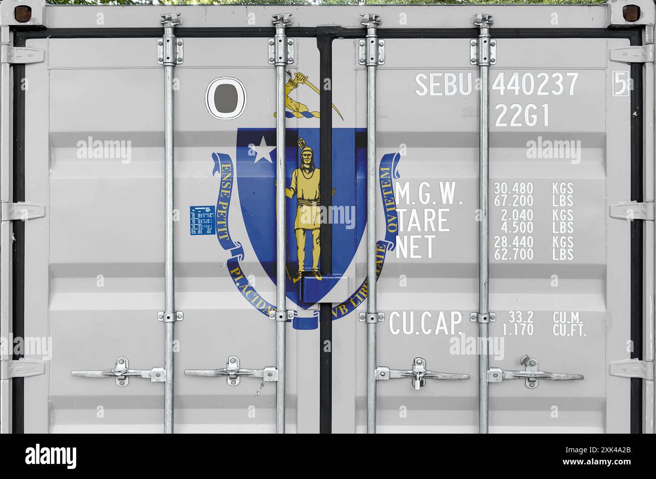 Massachusetts US state flag depicted on metal doors of shipping cargo ...