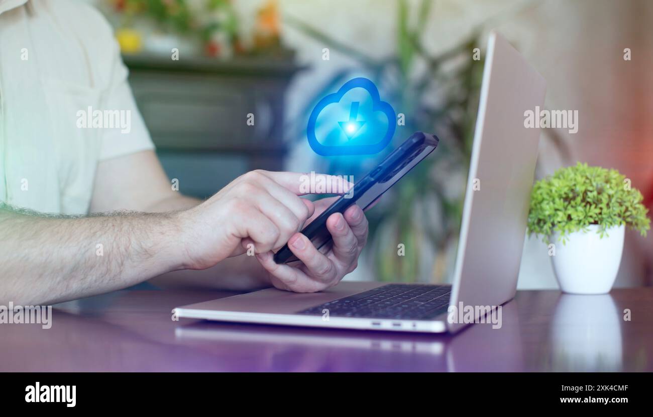 Man using smartphone with cloud computing icon. Internet technology,networking concept. Stock Photo