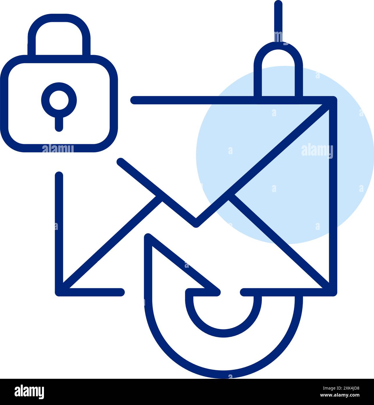 Phishing protection. Secure e-mail defence. Fishing hook and locked lock. Pixel perfect, editable stroke icon Stock Vector