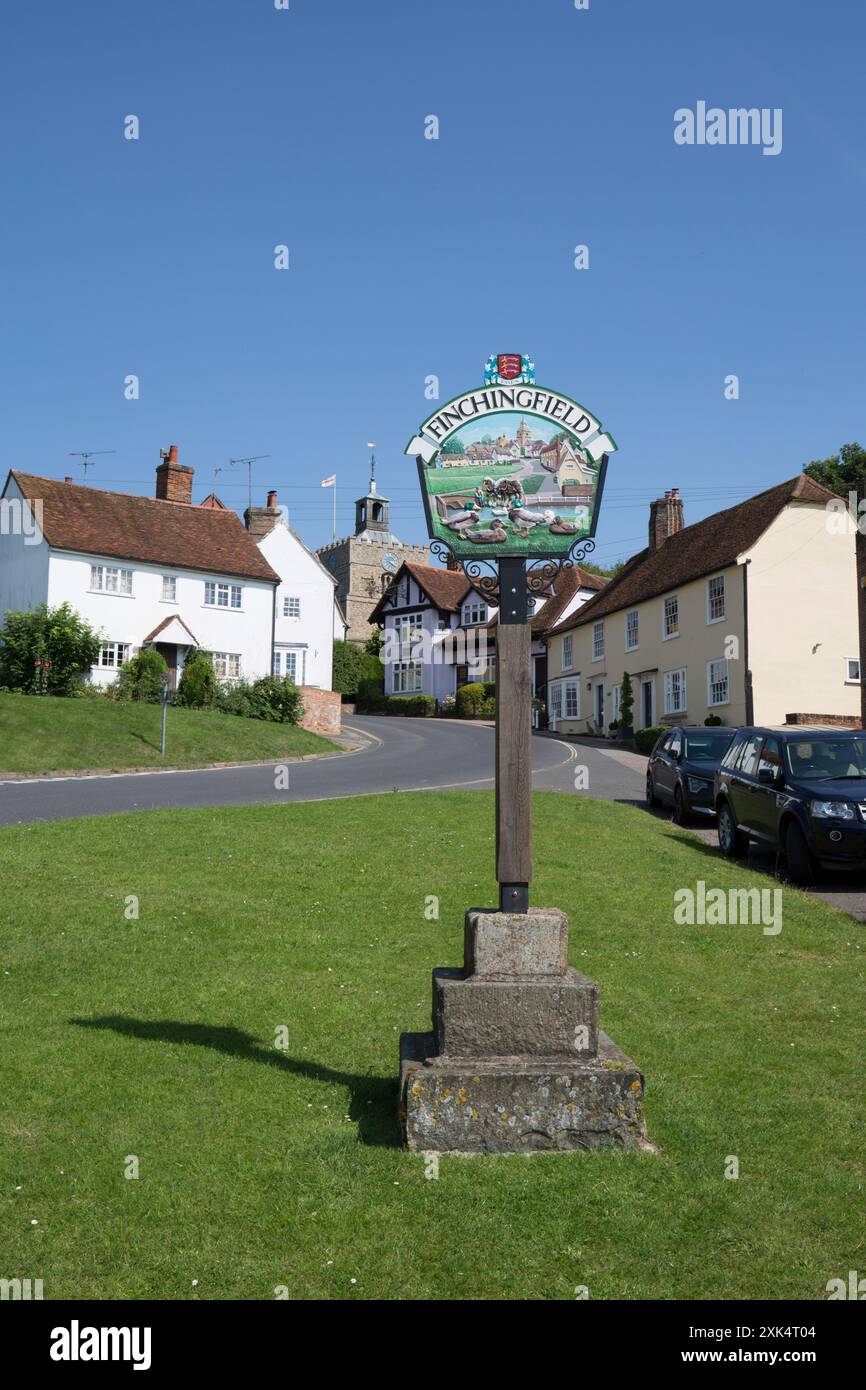 Village Sign St John The Baptist Church Cottagesand Village Green Finchingfield Essex Stock Photo