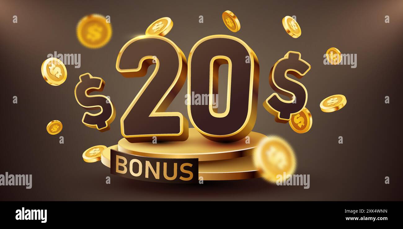 20 dollars bonus with podium and falling golden coins. Cashback or ...