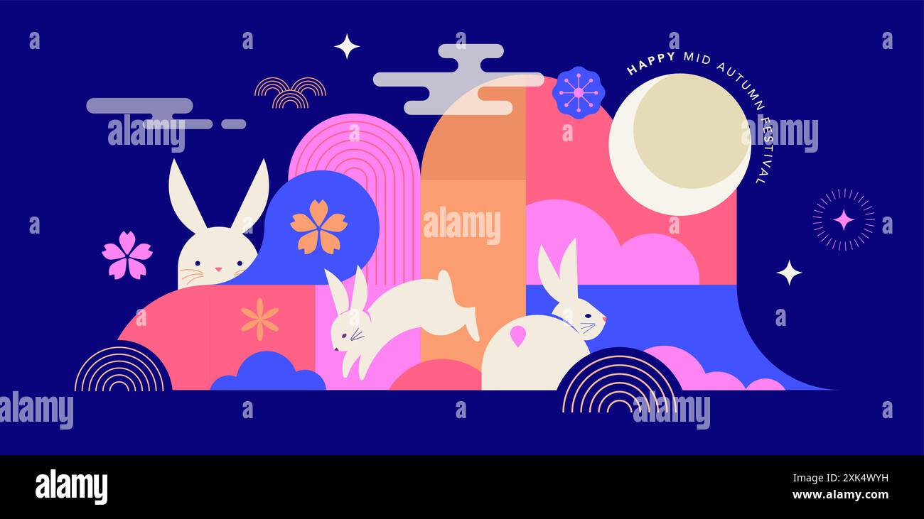 Mid Autumn Rabbit Design Mid Autumn festival banner, background and poster. Geometric style ...
