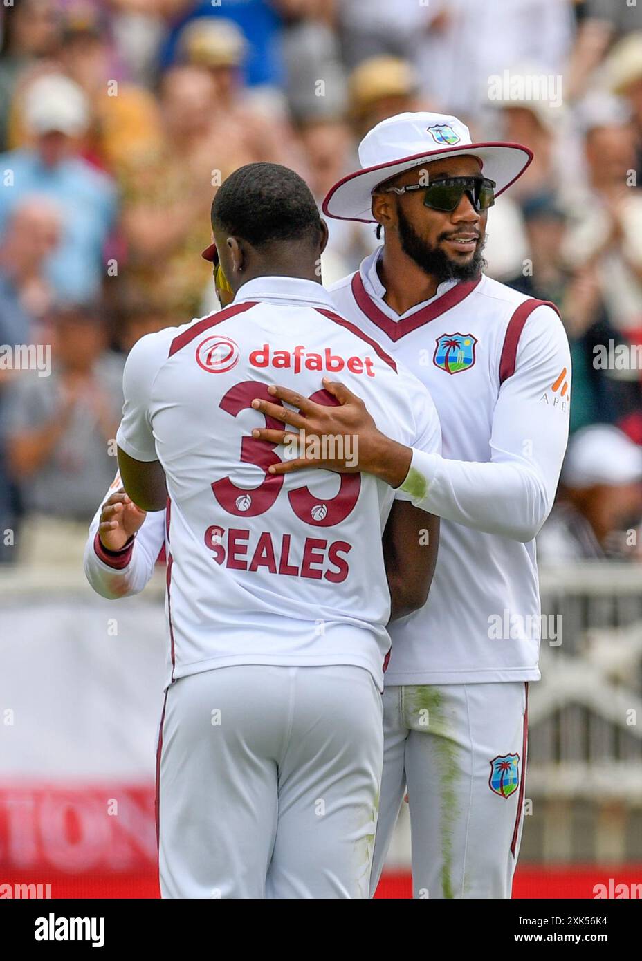 Nottingham, United kingdom, Trent Bridge Cricket Ground. 18-22 July 2024.  International Cricket Test Match - (England v West Indies Men)  Pictured:  West Indies celebrate the catching out of Joe Root (England).  Credit: Mark Dunn/Alamy Live News Stock Photo