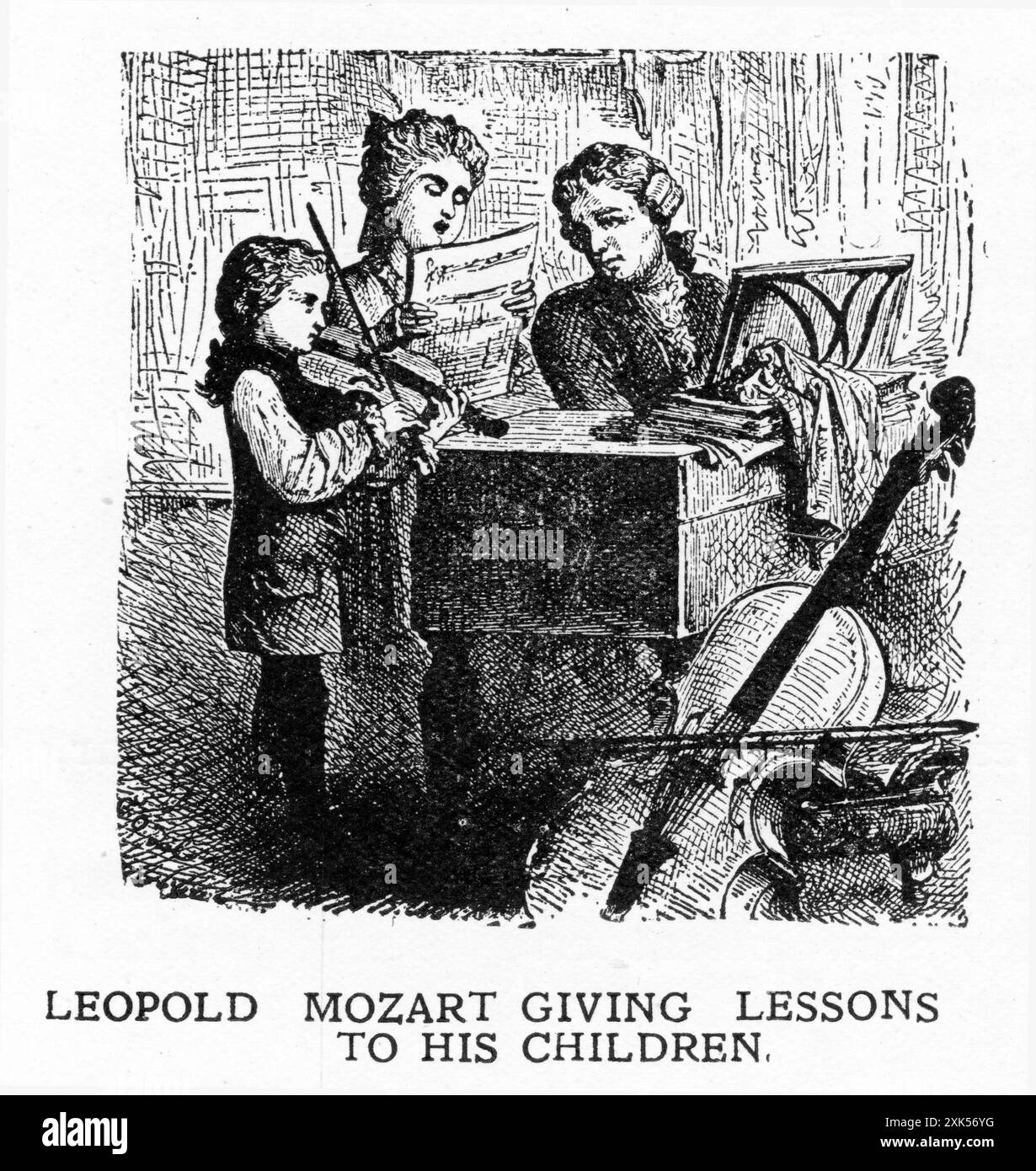 Leopard Mozart giving lessons to his children. Johann Georg Leopold Mozart was a German composer, violinist, and music theorist. He is best known today as the father and teacher of Wolfgang Amadeus Mozart. Stock Photo