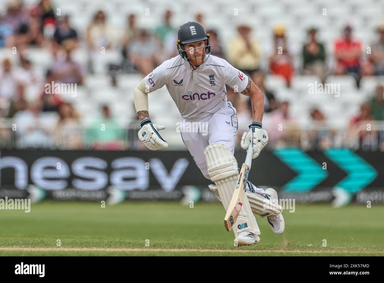 Ben Stokes of England makes two runs during the Rothesay Test Match day four match England vs West Indies at Trent Bridge, Nottingham, United Kingdom, 21st July 2024  (Photo by Mark Cosgrove/News Images) Stock Photo