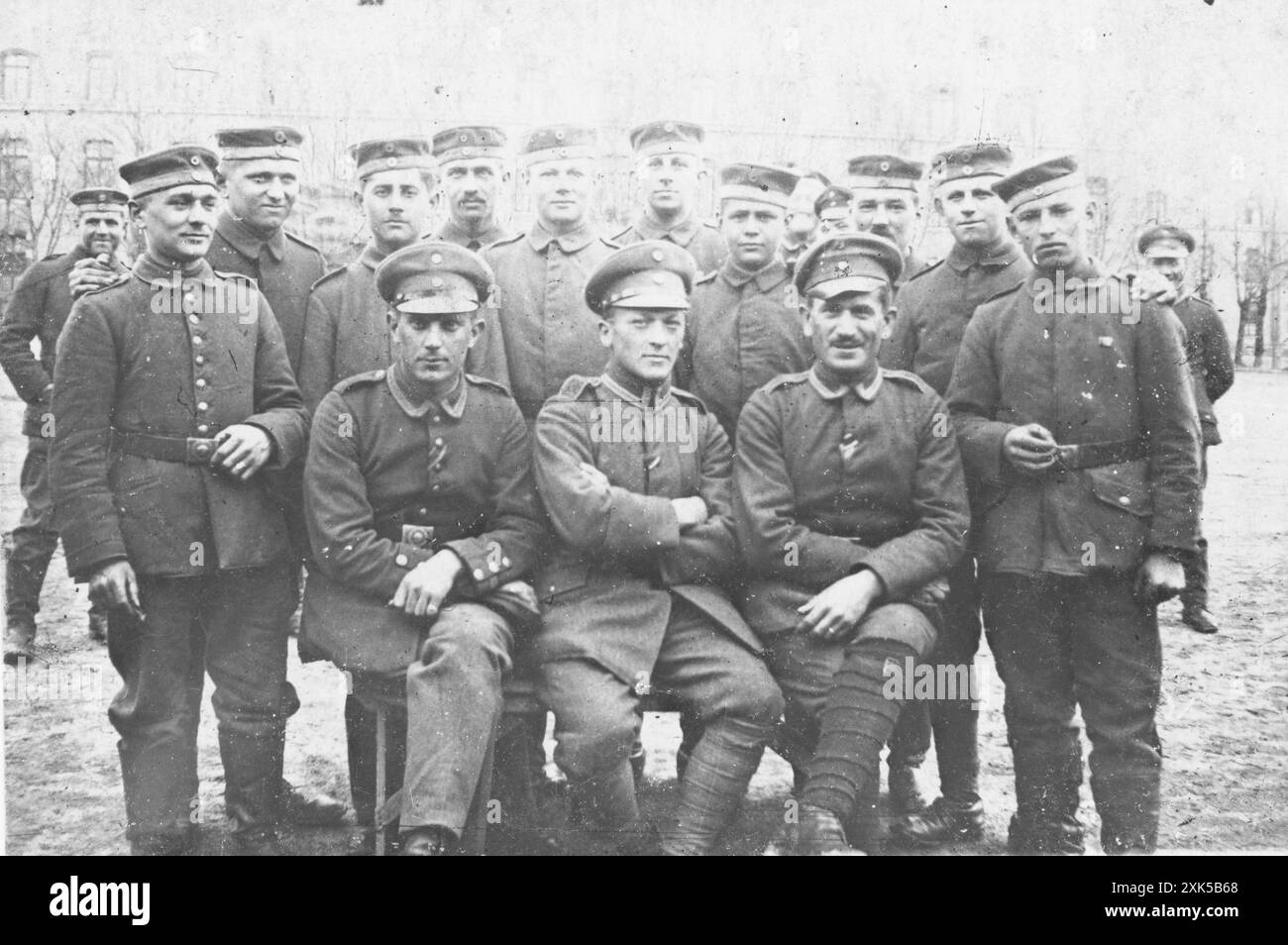 Adolf Hitlers with his squad in WWI - Hitler served in the First World War in the Royal Bavarian 16th Reserve Infantry Regiment (KB 16RIR), also known as the Reserve Infantry Regiment List.In the group photo, Hitler is standing next to Diess. To the right of Diess is Max Amann. Adolf Hitler diente im Ersten Weltkrieg im Königlich Bayerischen 16. Reserve-Infanterie-Regiment (KB 16RIR), auch bekannt als Reserve-Infanterie-Regiment List. In diesem Regiment dienten auch Max Amann, Wilhelm Diess und Fritz Wiedemann. Auf dem Gruppenbild steht Hitler neben Diess. Rechts von Diess steht Max Amann. Stock Photo