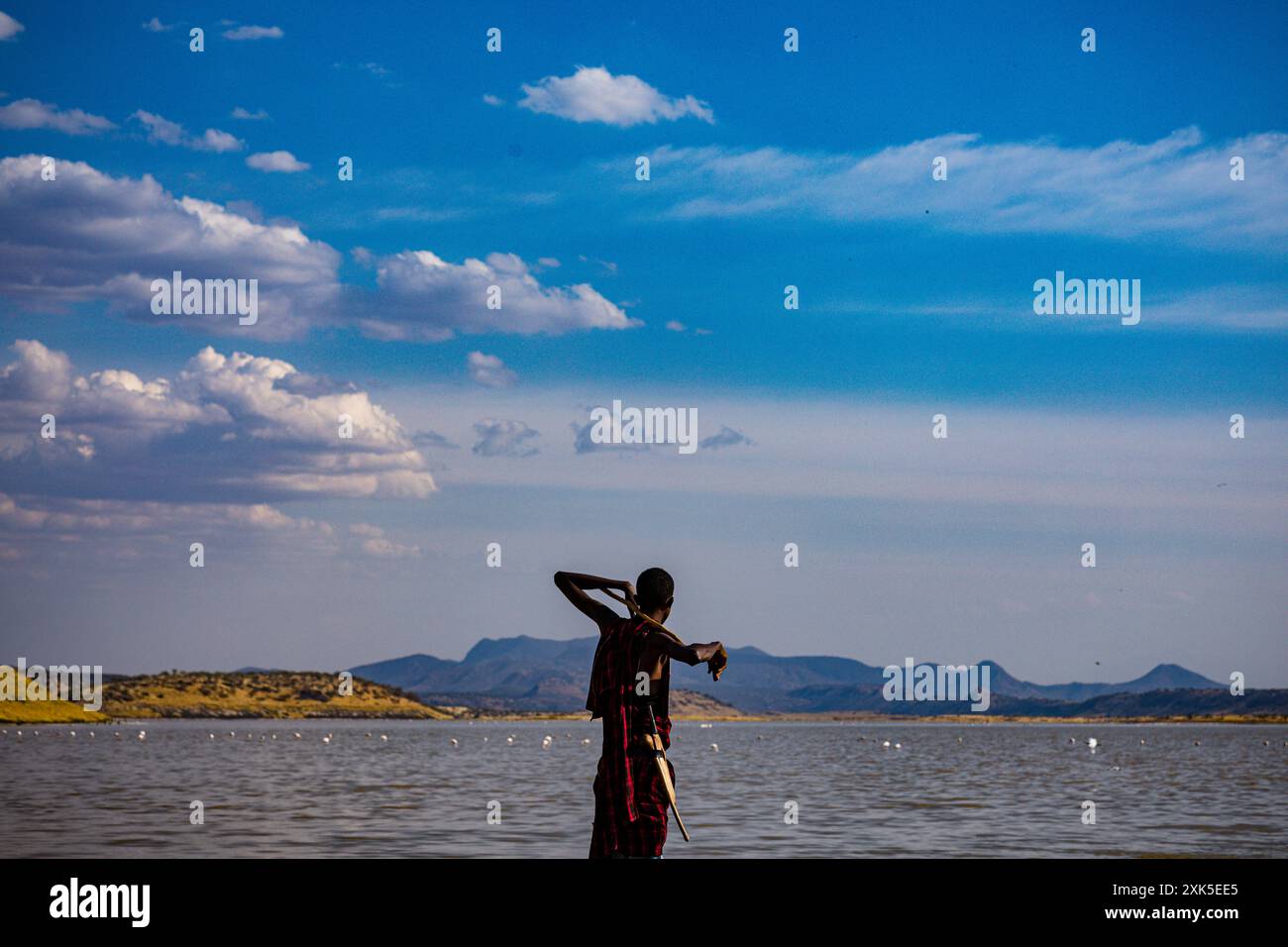 Lake Magadi Kenya Salt Lake Flamingo Home People Portraits Standing next to the water Kenya Landscapes east africa Stock Photo
