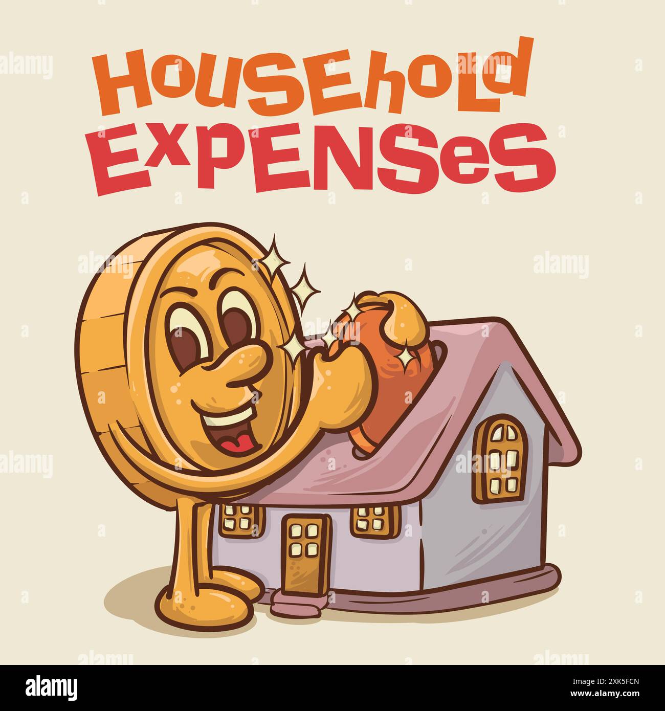 household expenses concept. shine coin mascot with face in front of house concept.vintage style money mascot cartoon character vector illustration Stock Vector