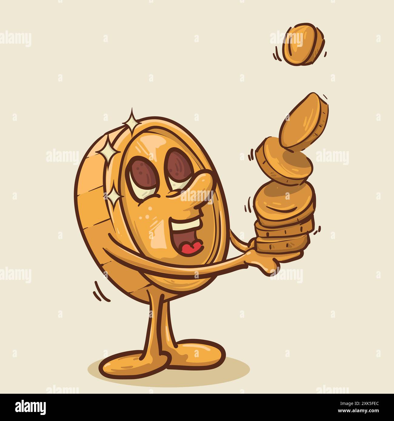 income concept. shinny coin mascot receive money with two hands concept.vintage style money mascot cartoon character vector illustration Stock Vector