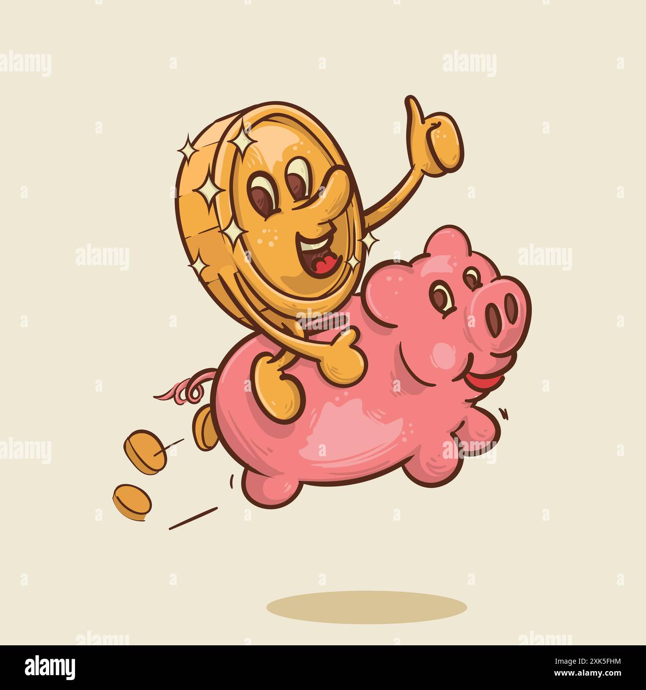 saving concept. shine coin mascot ride a piggy bank jump flying  concept. vintage style money mascot cartoon character vector illustration Stock Vector