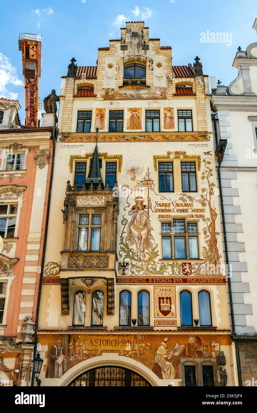 Beautiful facade of Storch House build 1897. The Old Town Square in Prague (founded 1338) is surrounded by numerous patrician houses, churches and Old Stock Photo