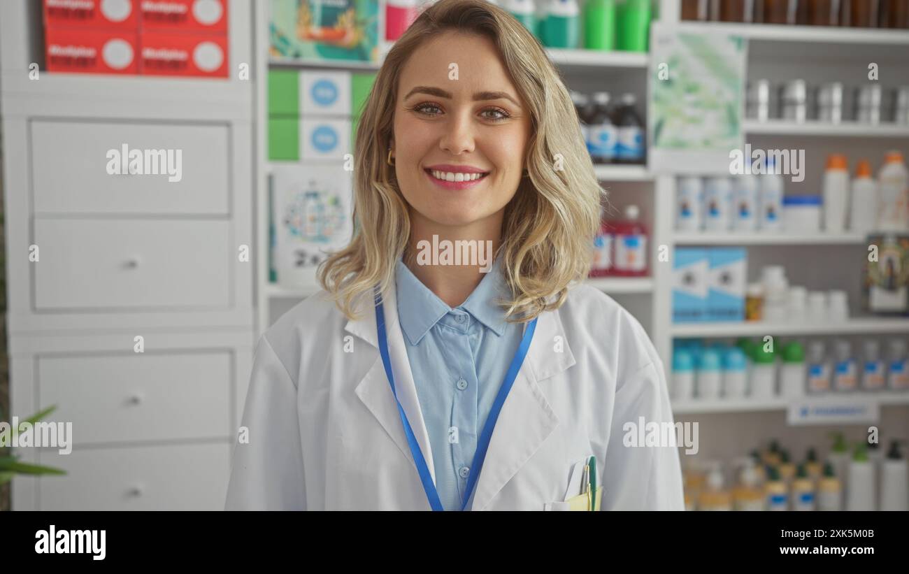 Young blonde woman pharmacist stands hi-res stock photography and ...