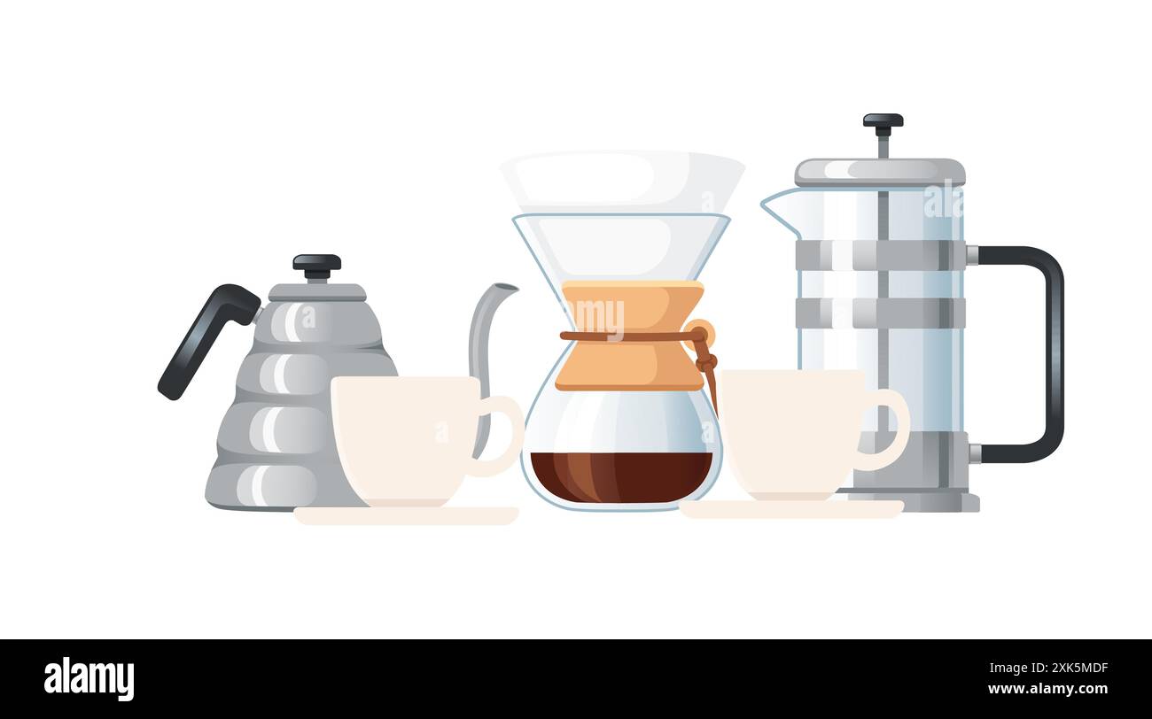 Coffee setup with a gooseneck kettle, a Chemex, a French press, and two white cups on saucers, vector illustration isolated white background. Stock Vector